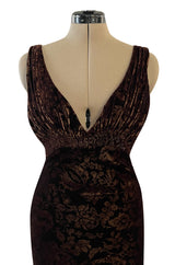Documented Fall 2004 Richard Tyler Brown Printed Floral Velvet & Beaded Dress w Train & Plunge Back