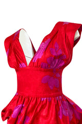 1980s Odicini Couture Coral & Pink Print Plunge Dress w Unusual Skirt