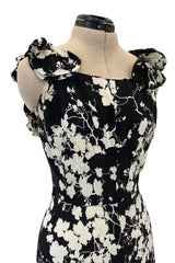 Prettiest 1930s Black & White Floral Print Bias Cut Silk Elaborate Ruffle Shoulder Dress