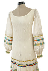 1975 Giorgio Sant' Angelo Hand Crochet Dress w Balloon Sleeves & Metallic Ribbon Detailing