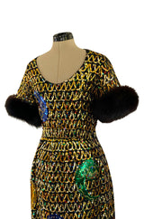 Late 1960s Oscar De La Renta Gold Sequin & Huge Paillettes Detailed Dress w Mink Cuffs