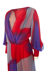 1970s Hanae Mori Full Sleeve Red & Purple Silk Chiffon Maxi Dress