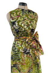 Fabulous 1960s Unlabeled Metallic Green Organza Dress Set w Matching Hot Pants & Gold Trim