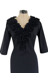 Fabulous Little Late 1950s Unlabeled Black Wool Jersey Ruffled Hem & Collar Dress
