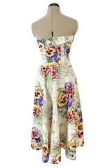 Sweetest 1950s Party Lines by Emma Domb Pansy Print Strapless Dress w Full Skirt