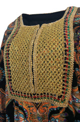 1960s Unlabeled Printed Velveteen & Elaborate Gold Braid Caftan Dress