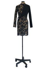 1990s Geoffrey Beene Black Ribbon Net Lace Dress w Nude Interior & Tied Panel Detailing