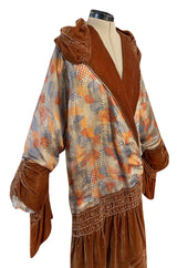 Fabulous 1920s Coral Silk Metallic Gold Lame Flapper Coat w Velvet Detailing