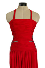Prettiest 1970s Ruben Panis Side Beaded Red Jersey Dress w Convertible Straps
