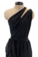 Chic 1970s Bill Blass One Shoulder Cut Out Little Black Light Weight Silk Dress w Silk Sash Tie