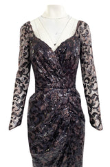 1980s Vicky Tiel Couture Fitted Metallic Net Dress w Extensive Black Sequin Detailing