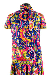 1970s Lanvin Couture Fine Silk Twill Brilliantly Scarf Neck Top & Extra Wide Cut Pant Set