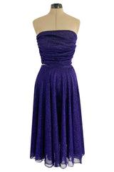 Rare 1978 Halston Couture Metallic Purple Lurex Cropped Bandeau Top & Skirt Set