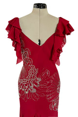 Incredible 2000s John Galliano Deep Red Bias Cut Dress w Silver Bead Detailing