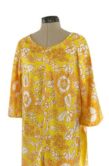 1960s Unusual Wrapped & Tie Printed Yellow Jumpsuit w Full Length Caped Back