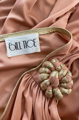 1981 Bill Tice Nude Peach Colour One Shoulder Dress w Gold Detailing
