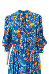 Spring 1983 Yves Saint Laurent Silk Multi Color Print on Blue Dress