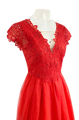 Resort 2015 Alberta Ferretti Red Silk Organza & Embroidered Lace Open Cut Work Dress