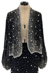 Gorgeous 1983 Halston Beaded Black Silk Chiffon Skirt & Jacket Set w Balloon Sleeves