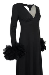 1970s Unlabeled Open Back Black Jersey Dress w Glossy Feather Cuffs