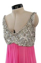 Late 1960s Fred Perlberg by Roger Millet Pink Silk Chiffon Dress w Silver Beaded Bodice