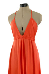 Fantastic 1970s Frank Usher Coral Jersey Dress w a Deep Front Plunge & No Back