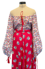 Prettiest 1970s Wallis Off Shoulder Red & Blue Floral Print Dress w Balloon Sleeves