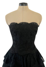 Magnificent 1980s Arnold Scaasi Couture Strapless Tiered Black French Lace Dress