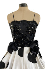 Early 1980s Possible Louis Feraud Graphic Sequin Bodice w Black & White Dotted Bubble Skirt Dress