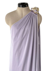 1981 Bill Tice Lilac One Shoulder Jersey Dress w Gold Lame Flower Detailing