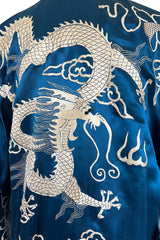Decadant 1920s Unlabeled Deep Blue Silk Kimono w Hand Embroidered Dragons