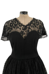 Gorgeous Late 1970s Pauline Trigere Black Wool Crepe Dress w Lace Skirt & Shoulders