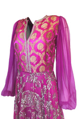 c1969 Thea Porter Couture Gold Brocade & Silver Metal Embroidered Fuchsia Dress