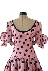 Rare Spring 1990 Yves Saint Laurent Mini Front Skirt Longer Back Pink & Black Dot Dress