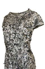1980s Bill Blass Densely Covered Silver Sequin & Pailettes Dress
