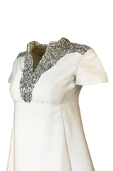 1960s Malcolm Starr Ivory Silk Dress w Rhinestone & Bead Adornments