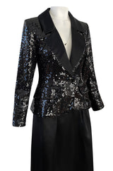 Documented Fall 1992 Yves Saint Laurent Black Sequin 'Le Smoking' Jacket & Silk Maxi Skirt Set