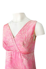 1960s Jerry Silverman Pink Print Mini Dress w Pink Feather Hem Detailing