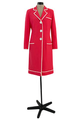 1980s Valentino Textured Wool Long Cut Jacket & Skirt Set in a Vivid Coral w Cream Trim