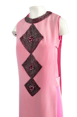 Documented 1969 Pierre Cardin Couture Pink Silk Crepe Diamond Beaded Dress w Overlay