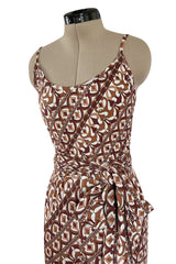 Rare 1970s Emilio Pucci Printed Taupe & White Silk Jersey Halter Jumpsuit w Belt