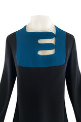 c.1967 Pierre Cardin ‘Cosmocorps’ Collection Cut Out Blue Neckline on Black Wool Dress