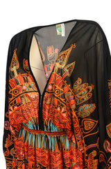 Incredible 1970s Gottex Plunging Light Print Nylon Caftan Dress