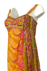 1960s Unlabeled Pink & Gold Sequin Detail Sari Inspired Silk Print Dress