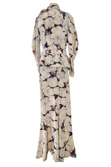 Rare Dated 1934 Bias Cut Soft Purple and Ivory Floral Print Silk Dress & Jacket w MOP Belt