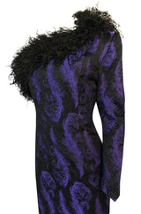 c.1988 Patrick Kelly Purple Brocade One Shoulder Feather Trim Dress
