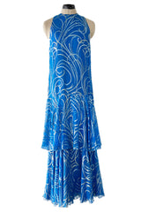 Extraordinary Fall 1979 Christian Dior by Marc Bohan Blue Silk Dress w Metallic Gold & Silver Detail