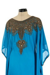 Vintage Unlabelled Beaded Chiffon Deep Turquoise Blue Caftan Dress w Inner Lining