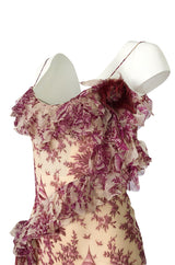 2000s John Galliano Purple Floral Print Silk Bias Cut Ruffle Dress