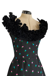 1970s Louis Mies Couture Level Black Silk Taffeta Dress w Embroidered Flowers & Ruffled Detailing